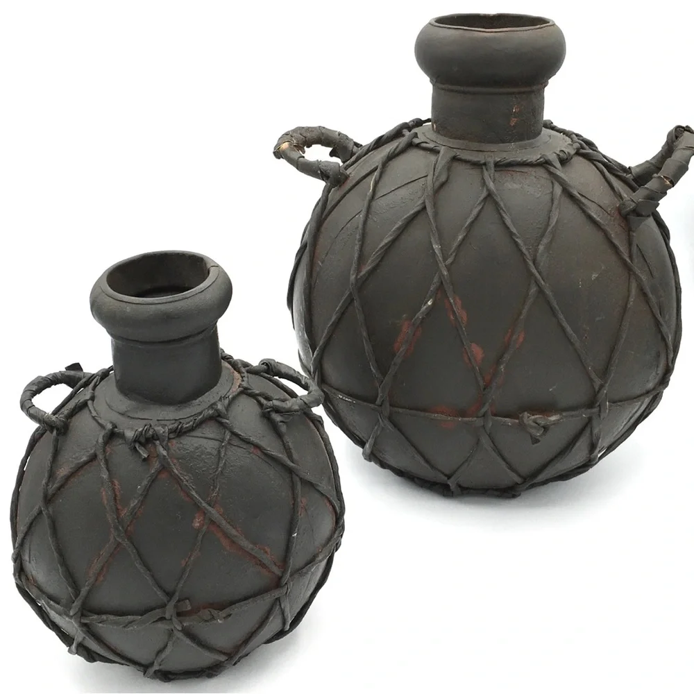 Italian Decorative Leather Wrapped Metal Canteen Water Jugs 12” & 8” Set of 2